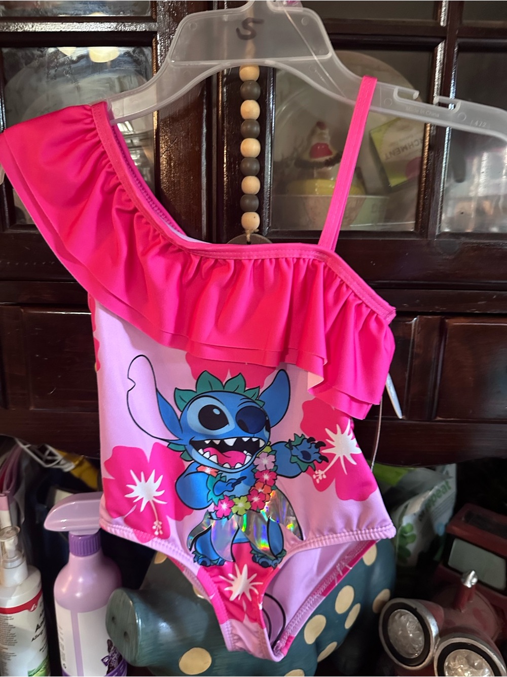 Disney Pink Lilo & Stitch Ruffle One-Shoulder Swimsuit